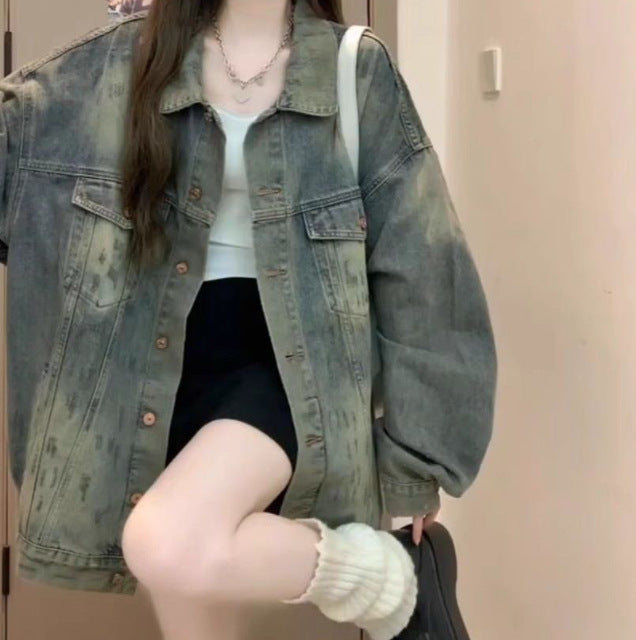 Women's Vintage Washed Denim Jacket with Relaxed Fit
