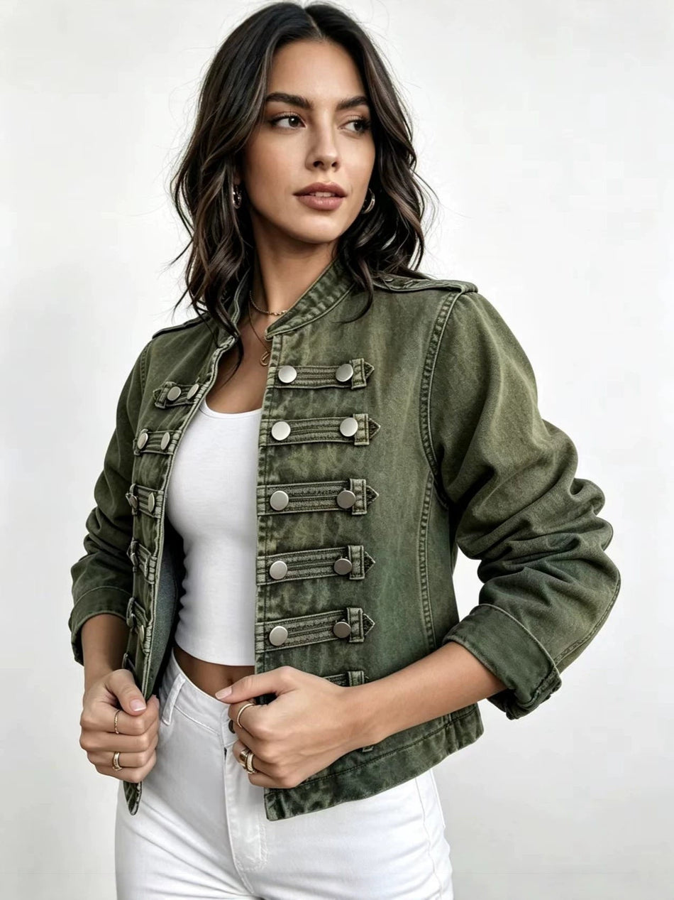 Women's Hooded Denim Jacket with Stand Collar and Long Sleeves