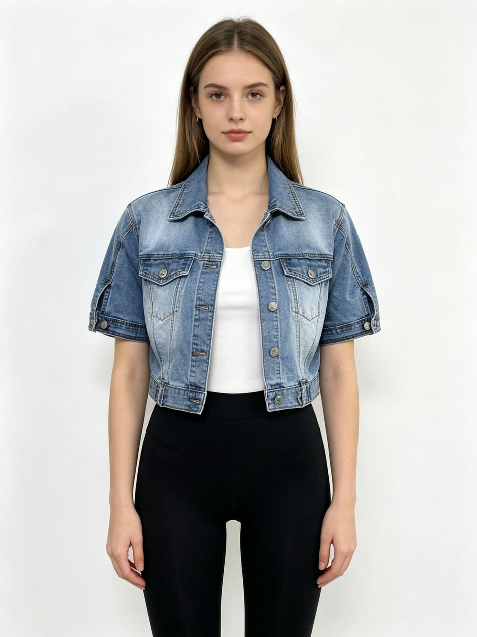 Women's Slim Fit Denim Short Sleeve Jacket with Lapel Collar
