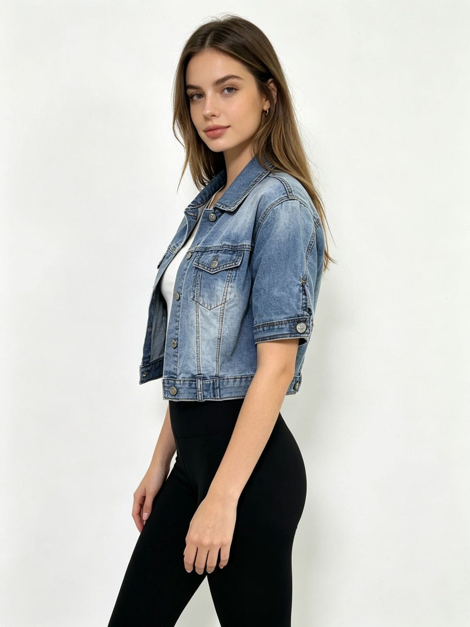 Women's Slim Fit Denim Short Sleeve Jacket with Lapel Collar