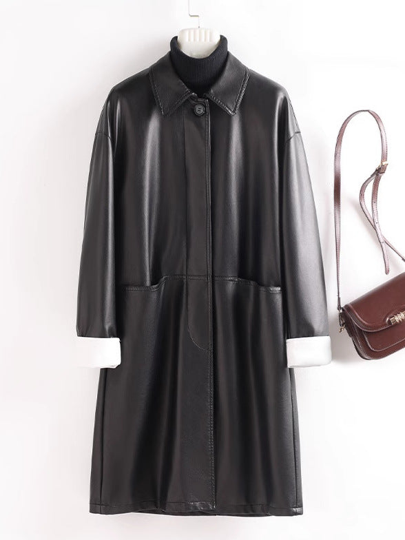 Women's Mid-Length PU Leather Coat with Contrast Sleeves