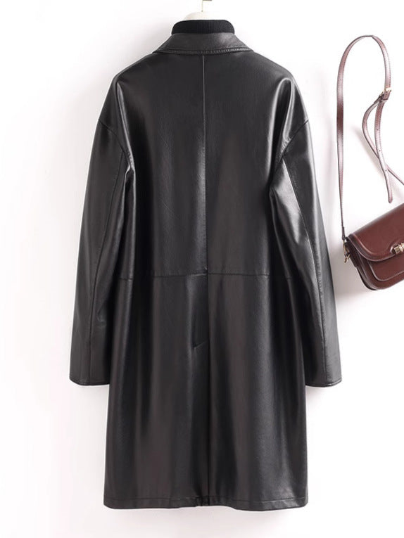 Women's Mid-Length PU Leather Coat with Contrast Sleeves