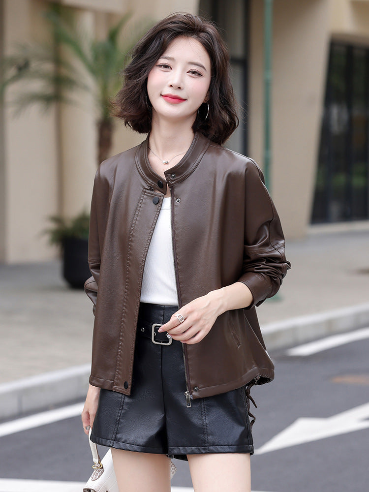Women's Oversized PU Leather Jacket with Raglan Sleeves