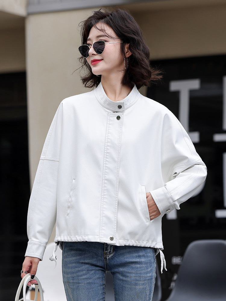 Women's Oversized PU Leather Jacket with Raglan Sleeves