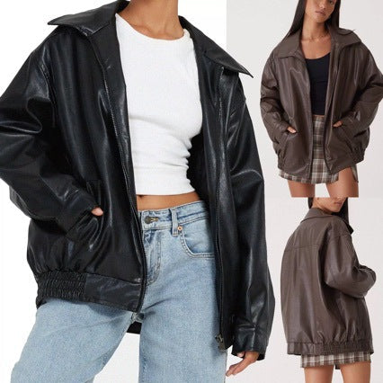 Women's Relaxed Fit PU Leather Biker Jacket with Lapel