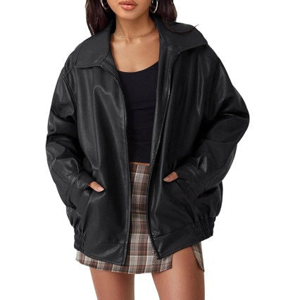 Women's Relaxed Fit PU Leather Biker Jacket with Lapel