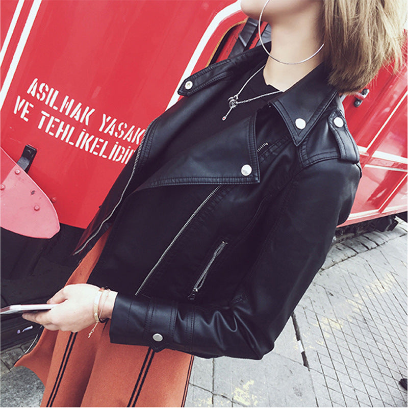 Women's Vintage PU Leather Jacket with Side Zip Closure