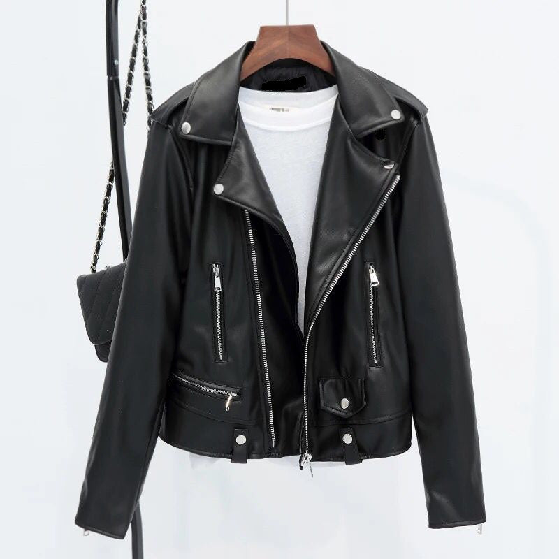 Women's Vintage PU Leather Biker Jacket with Classic Lapel