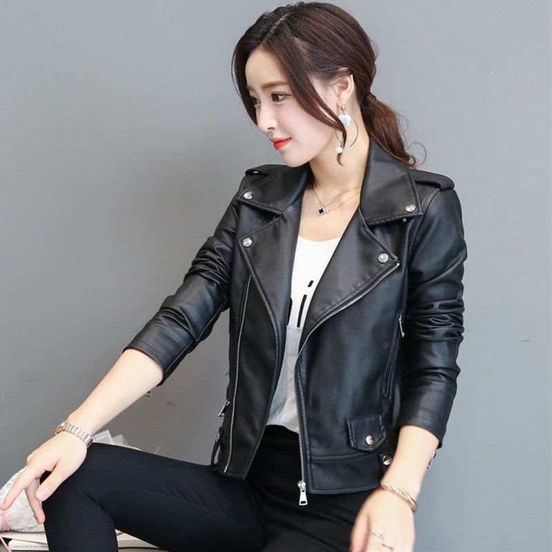 Women's Slim Fit PU Leather Biker Jacket with Lapel Collar