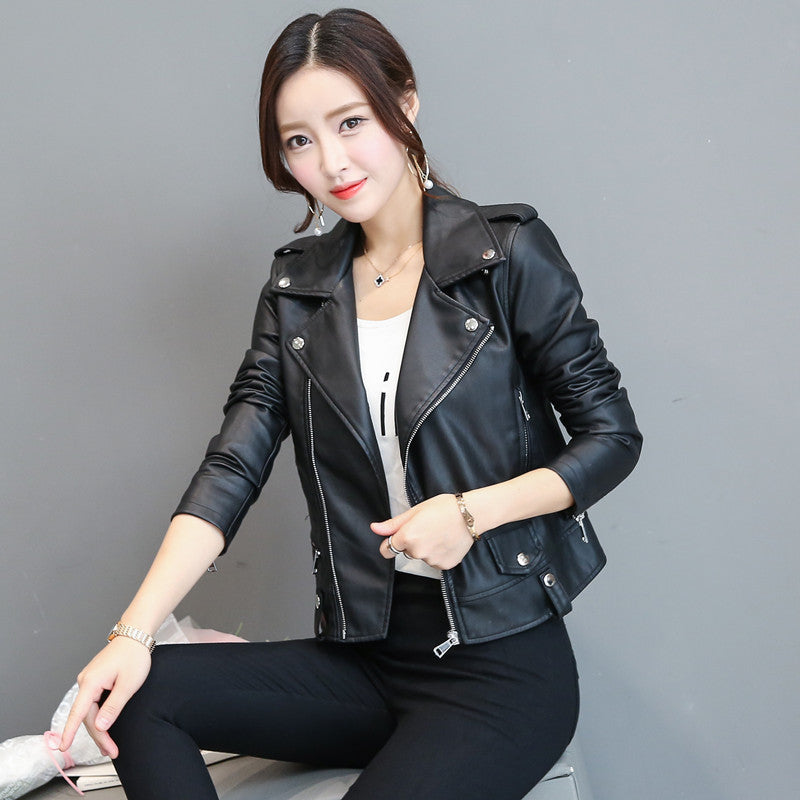 Women's Slim Fit PU Leather Biker Jacket with Lapel Collar