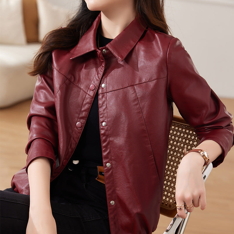 Women's Relaxed Fit PU Leather Shirt Jacket with Collar
