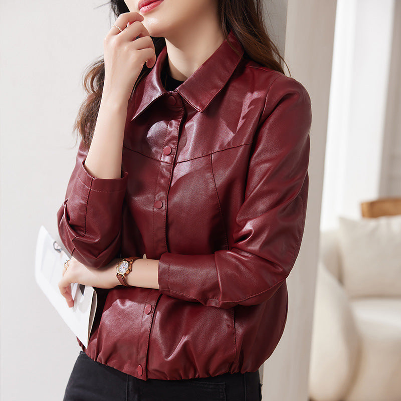 Women's Relaxed Fit PU Leather Shirt Jacket with Collar