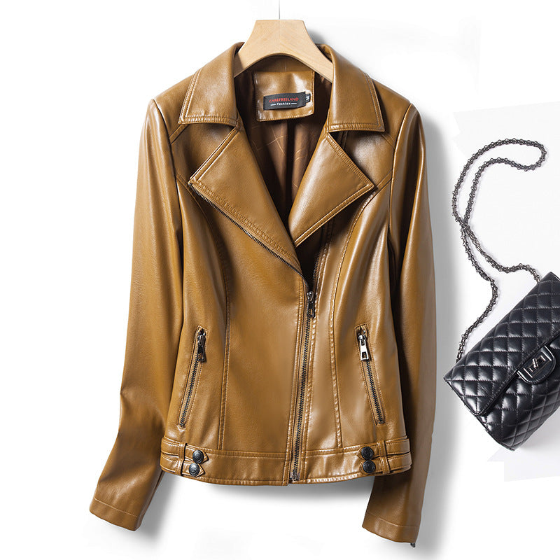 Women's Plus Size PU Leather Motorcycle Jacket with Zip Front