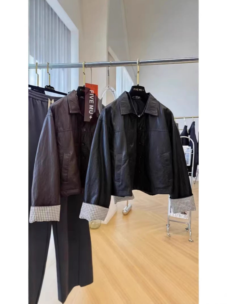 Women's Relaxed Fit PU Leather Jacket with Classic Lapel