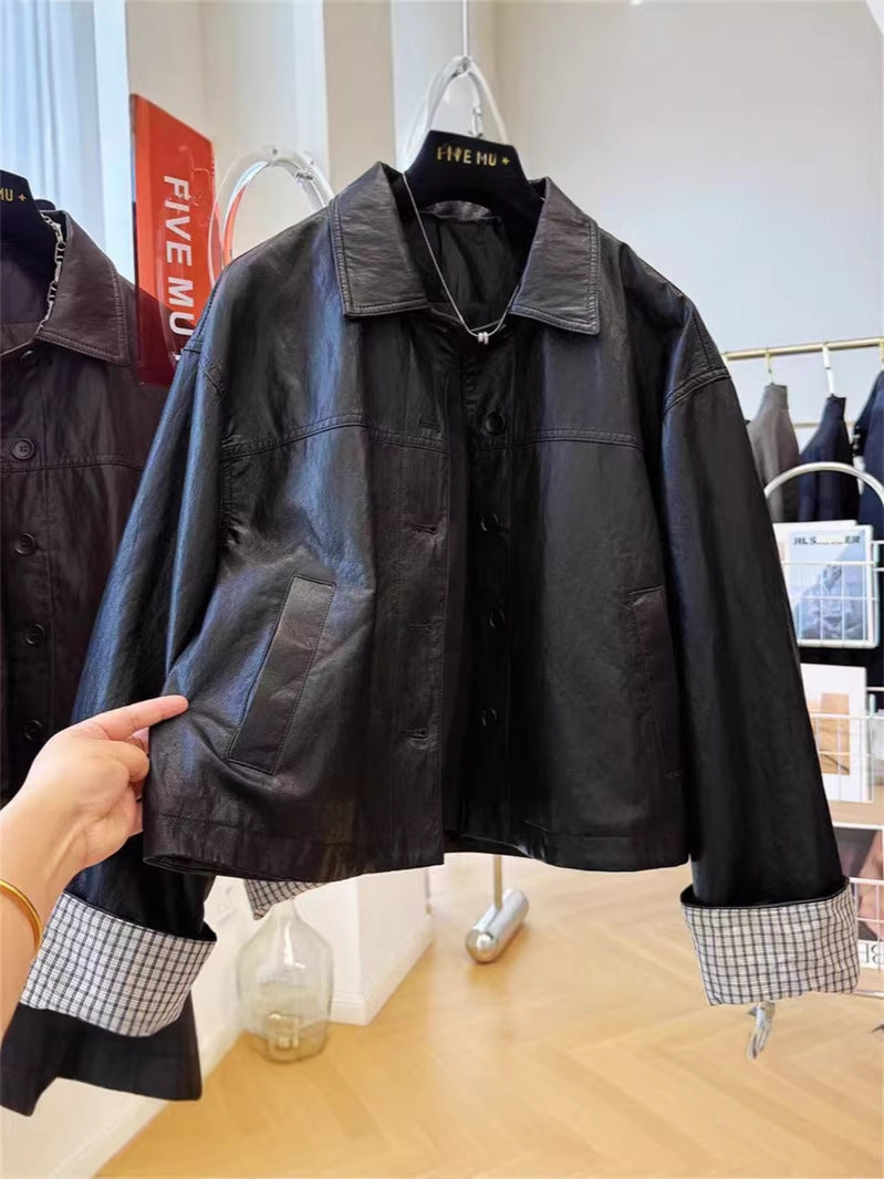 Women's Relaxed Fit PU Leather Jacket with Classic Lapel
