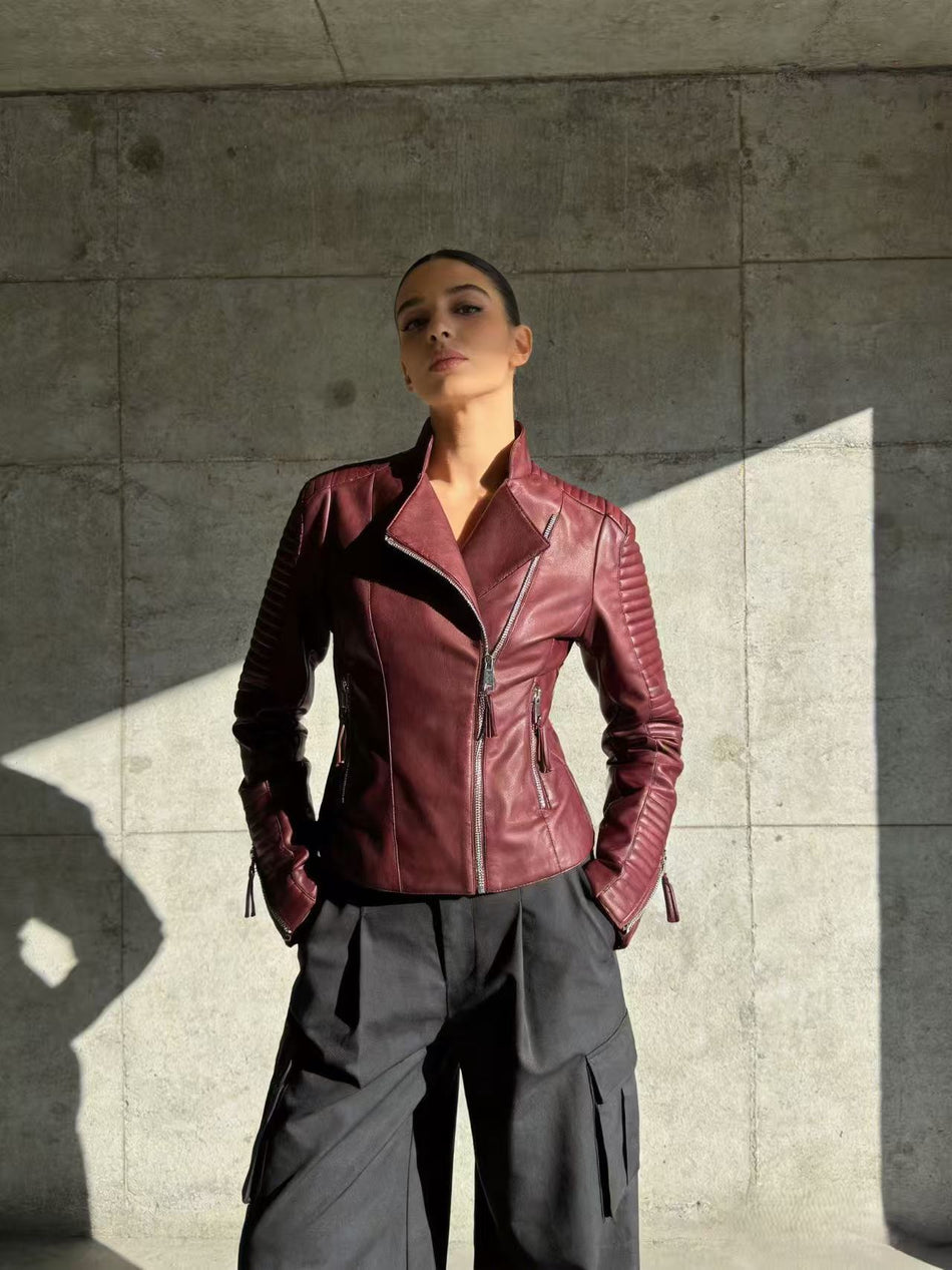 Women's Slim Fit PU Leather Jacket with Quilted Sleeves