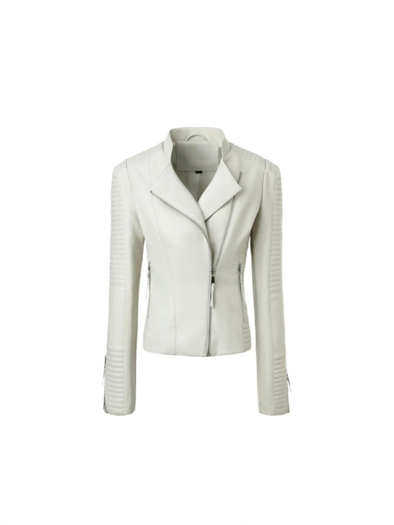 Women's Slim Fit PU Leather Jacket with Quilted Sleeves