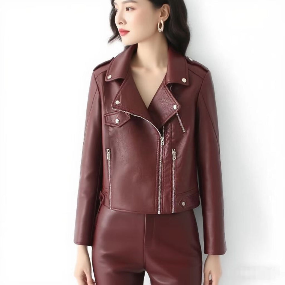Women's Slim Fit PU Leather Biker Jacket with Tassel Detail