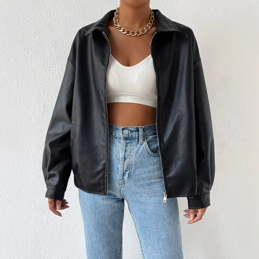 Women's PU Leather Biker Jacket with Classic Zip Front