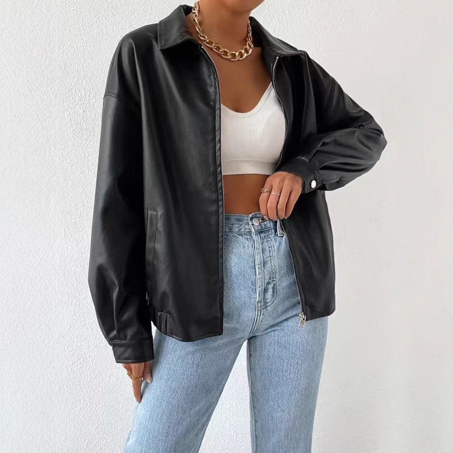 Women's PU Leather Biker Jacket with Classic Zip Front