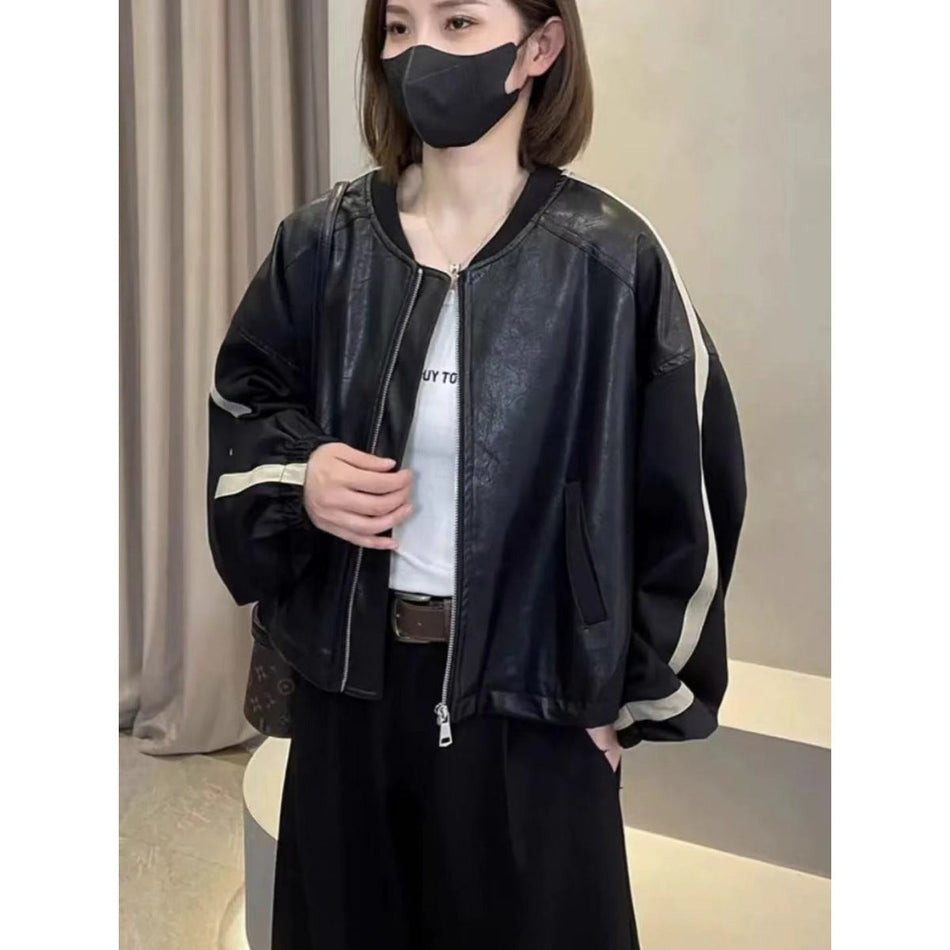 Women's Contrast Panel PU Baseball Jacket with Stand Collar