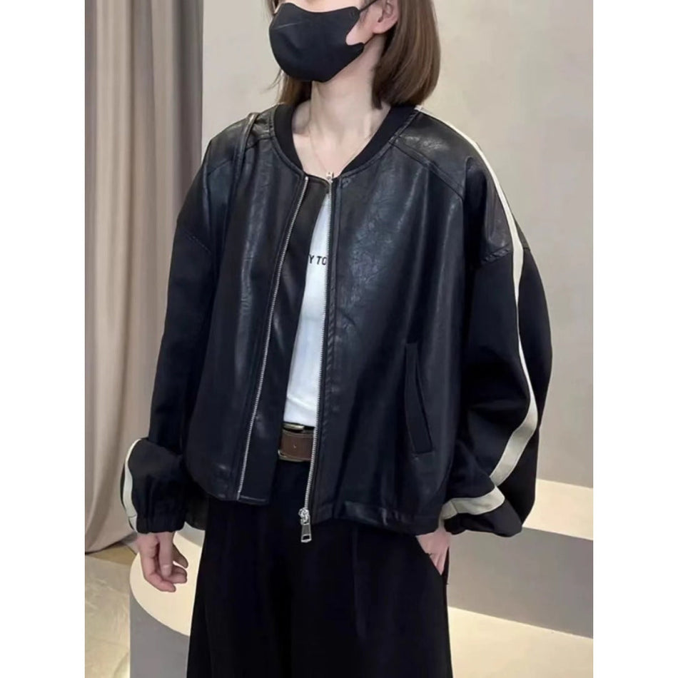 Women's Contrast Panel PU Baseball Jacket with Stand Collar