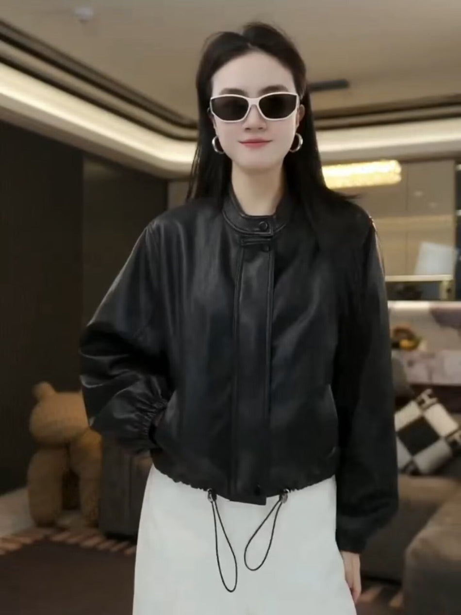 Women's Stand Collar PU Leather Biker Jacket