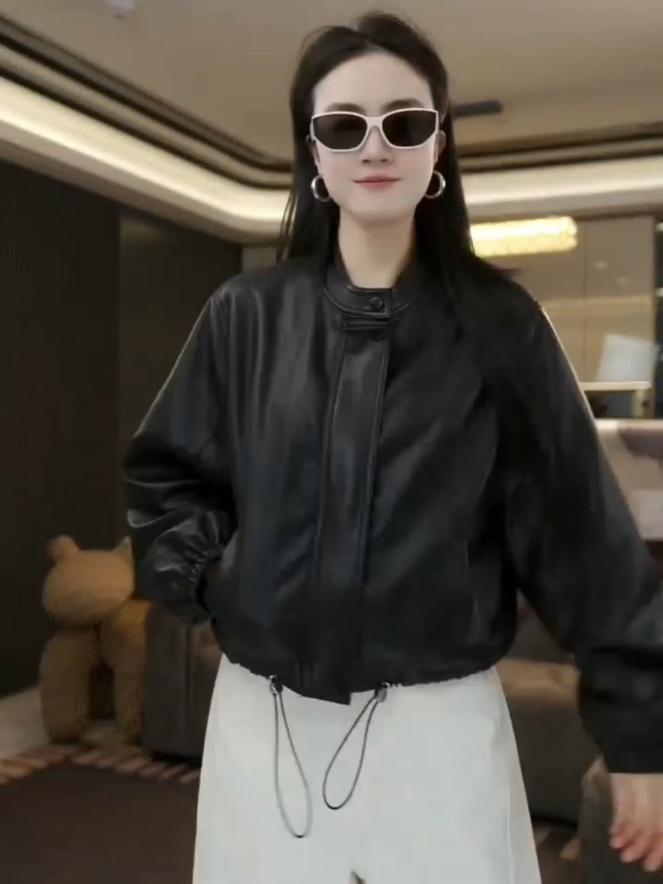 Women's Stand Collar PU Leather Biker Jacket