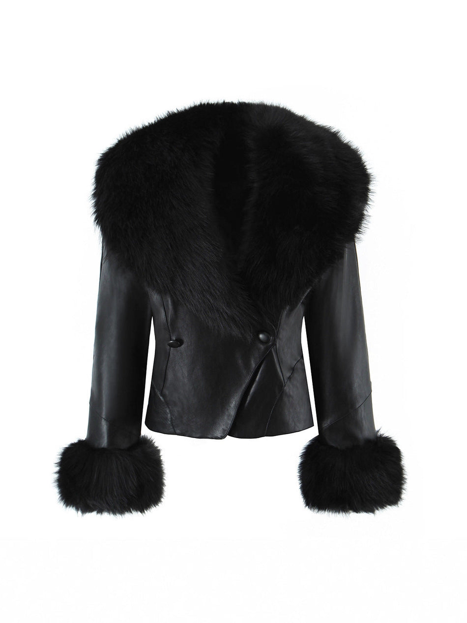 Women's Slim Fit PU Leather Jacket with Elegant Lapel Collar