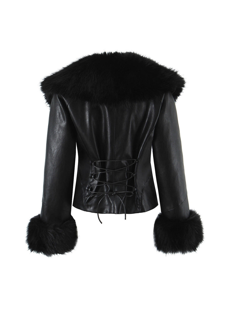 Women's Slim Fit PU Leather Jacket with Elegant Lapel Collar
