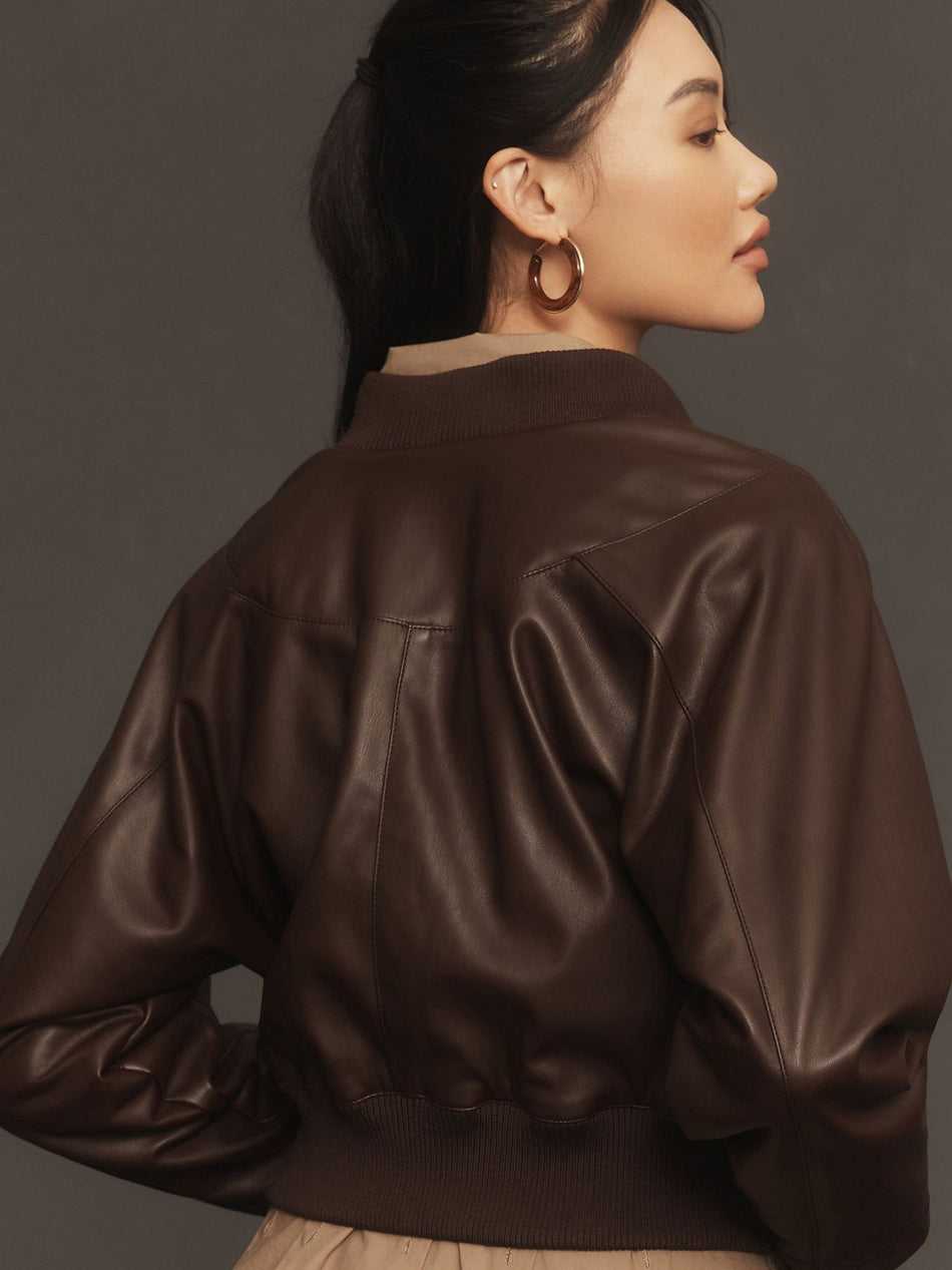 Women's Cropped PU Leather Moto Jacket with Zip Front