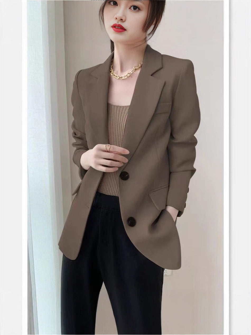Brown Women's Mid-Length Casual Blazer with Two-Button Closure
