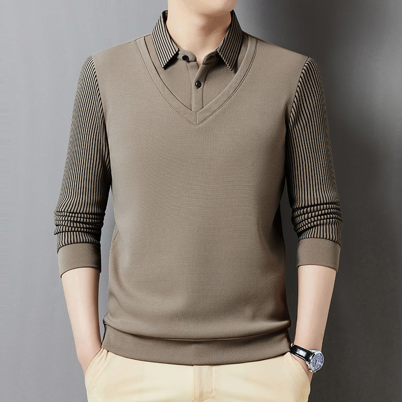 Men's Fleece-Lined Polo Sweater with Mock Layer Design