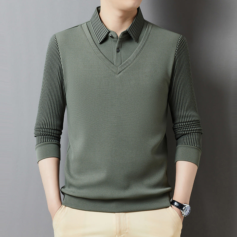 Men's Fleece-Lined Polo Sweater with Mock Layer Design