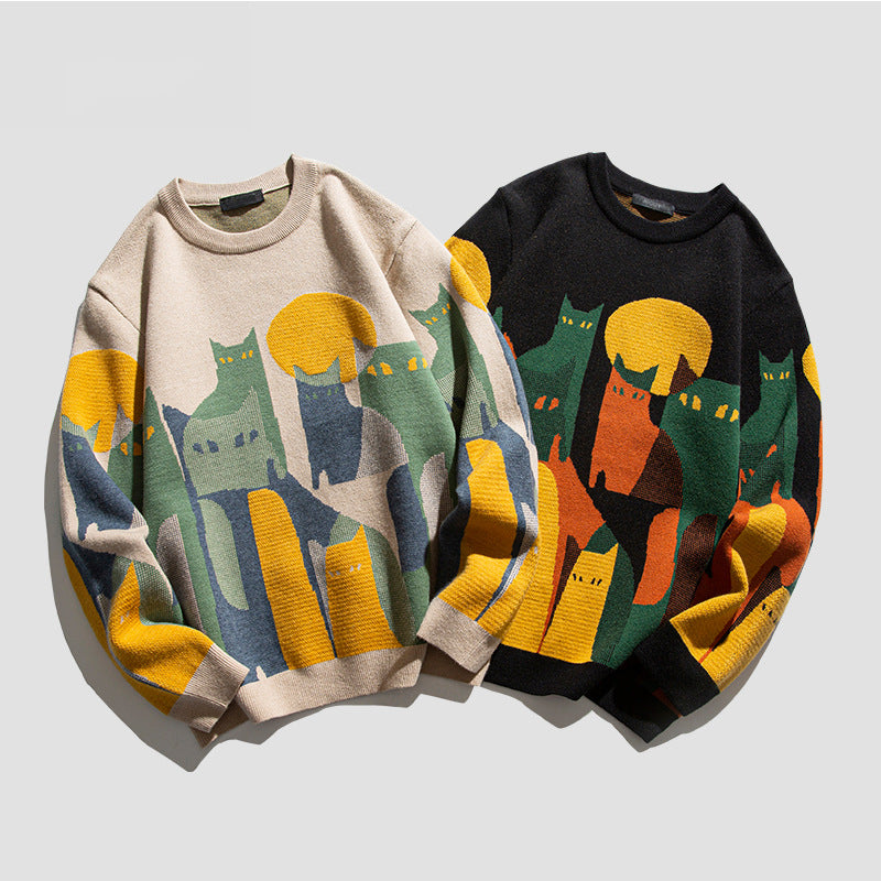 Unisex Cartoon Cat Crew Neck Knit Sweater