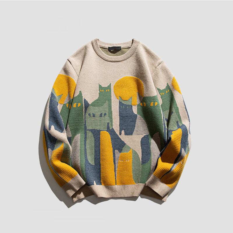 Unisex Cartoon Cat Crew Neck Knit Sweater