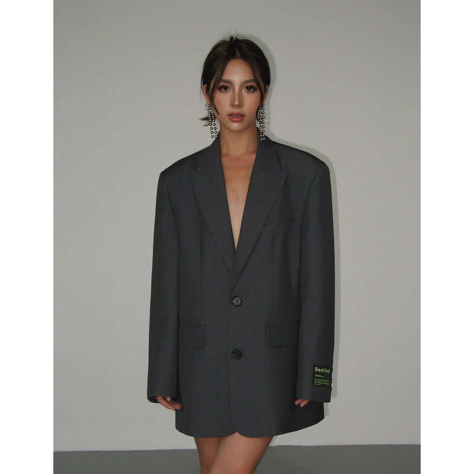 Women's Loose Fit Mid-Length Blazer with Pointed Collar