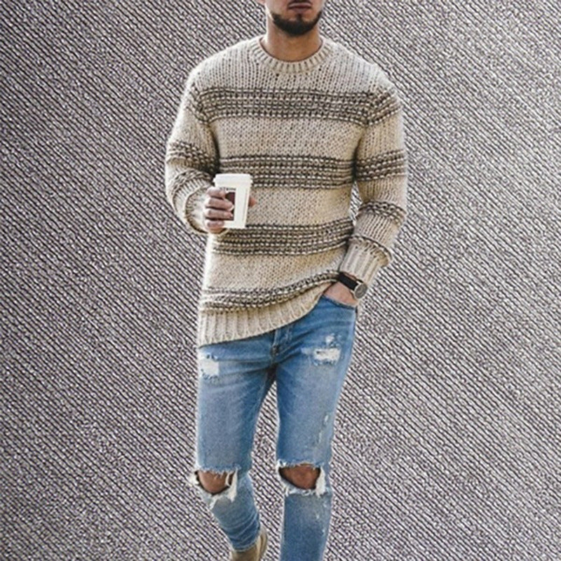 Men's Striped Crew Neck Knit Sweater for Casual Wear