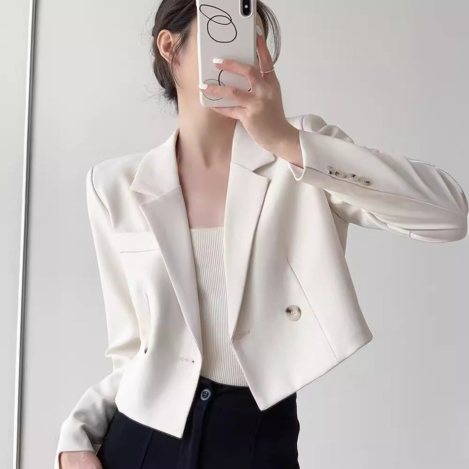 Women's Chenille Cropped Blazer in Apricot White and Black