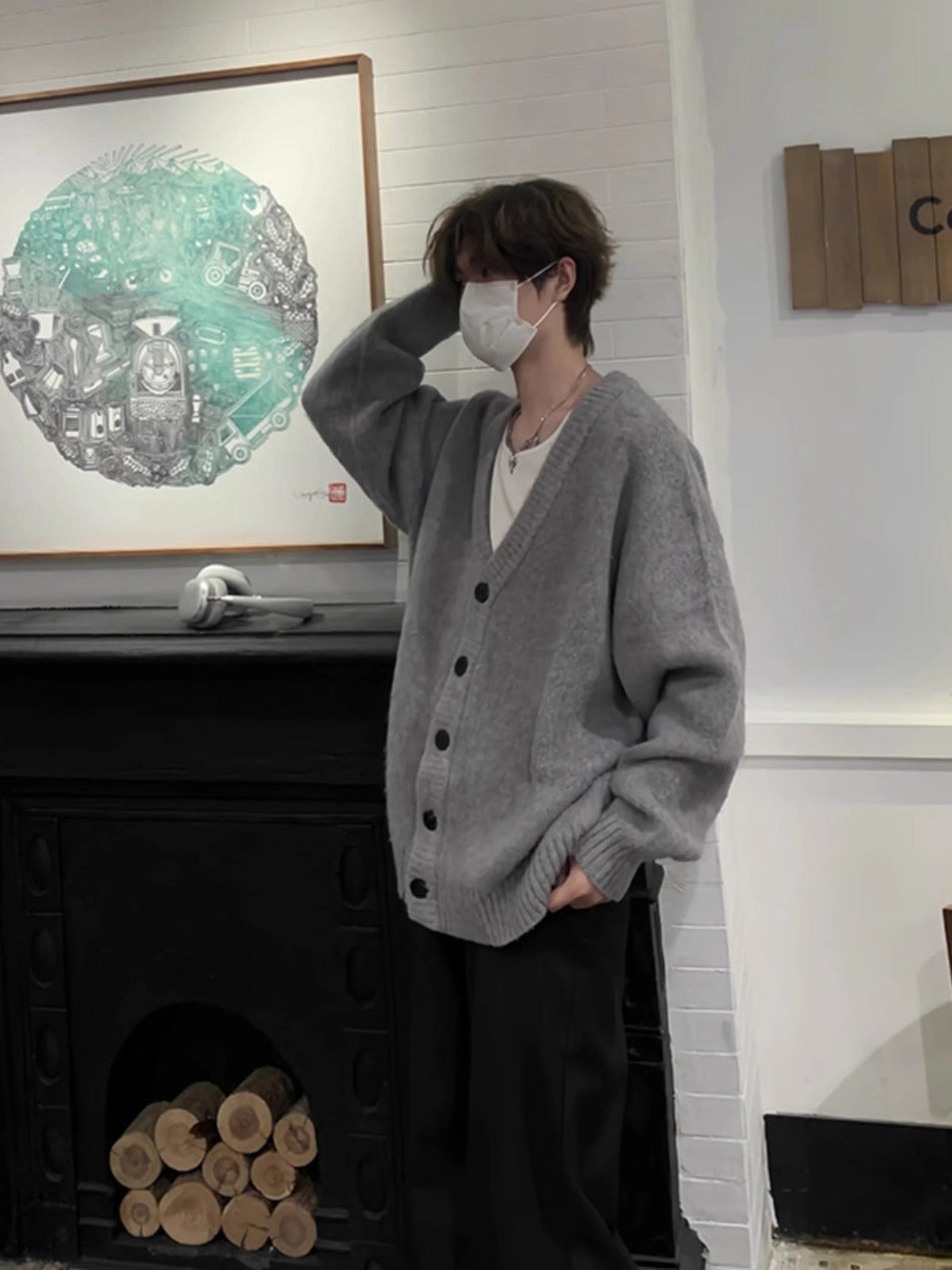 Unisex V-Neck Knit Cardigan Sweater with Relaxed Fit
