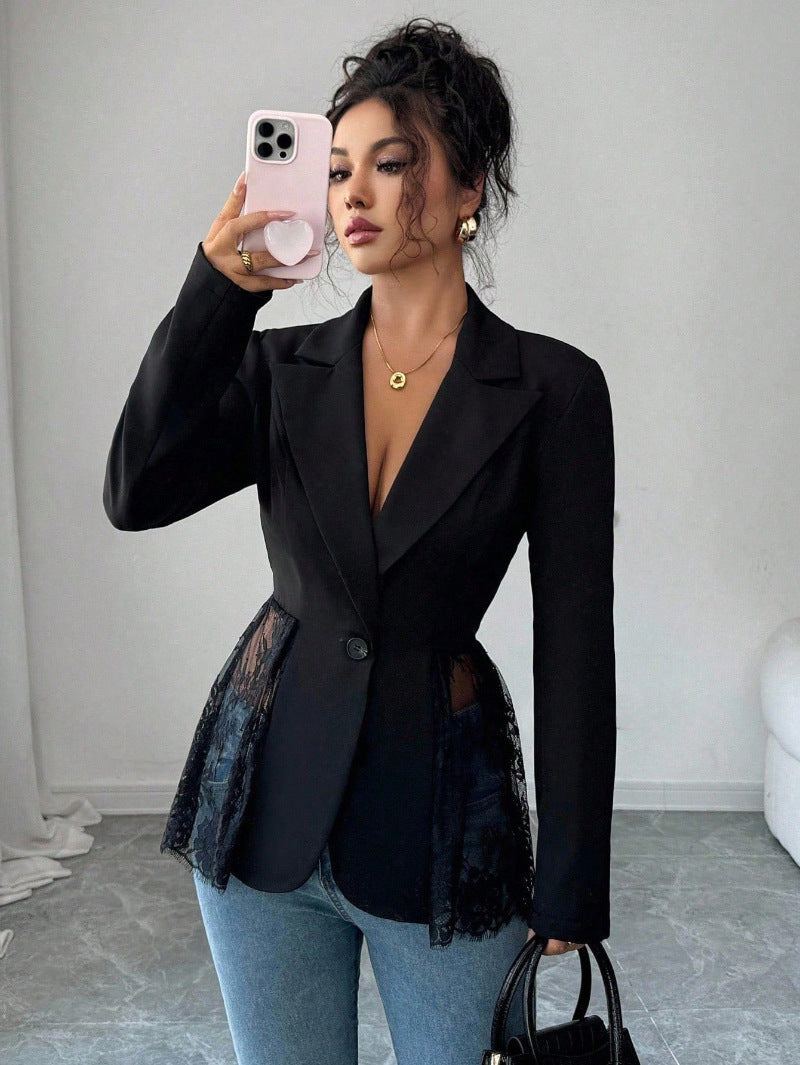 Women's Slim Fit Lace Waist Blazer with One-Button Closure