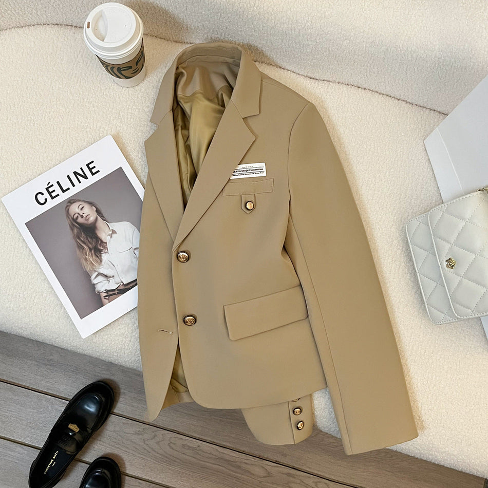 Women's Cropped Khaki Blazer with Multi-Button Front