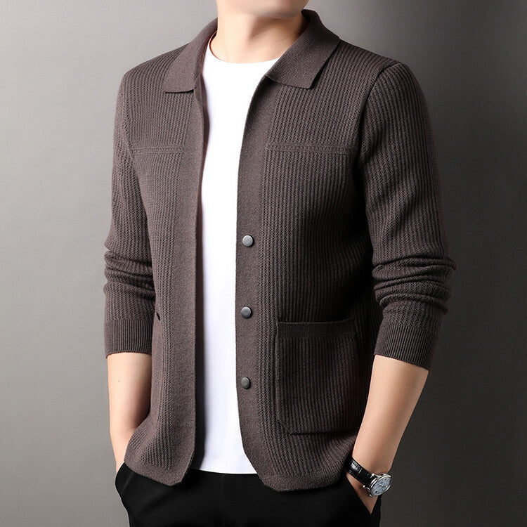 Men's Collared Knit Cardigan with Pockets