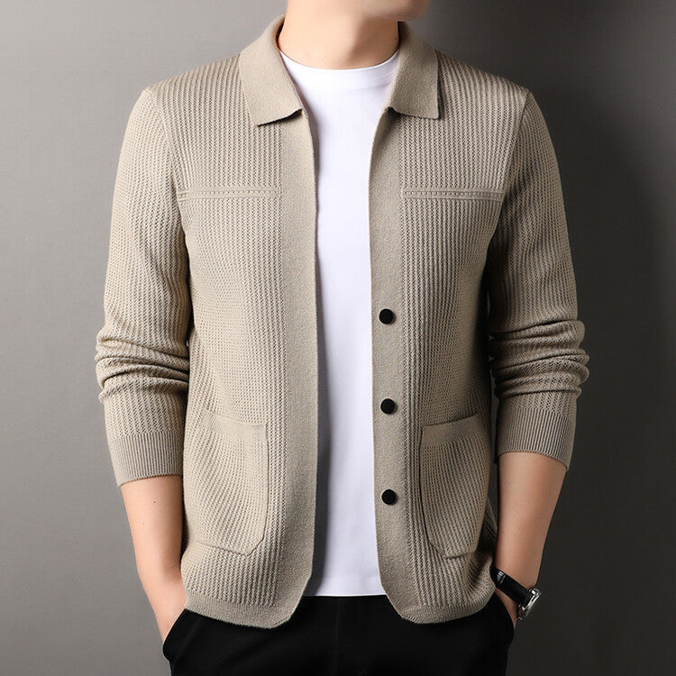 Men's Collared Knit Cardigan with Pockets
