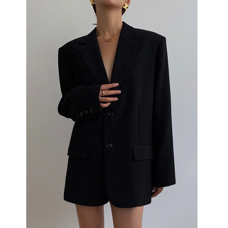 Women's Loose Fit Black Blazer with Two-Button Closure