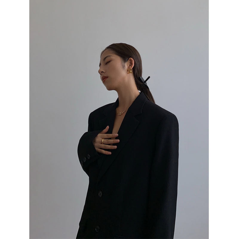 Women's Loose Fit Black Blazer with Two-Button Closure