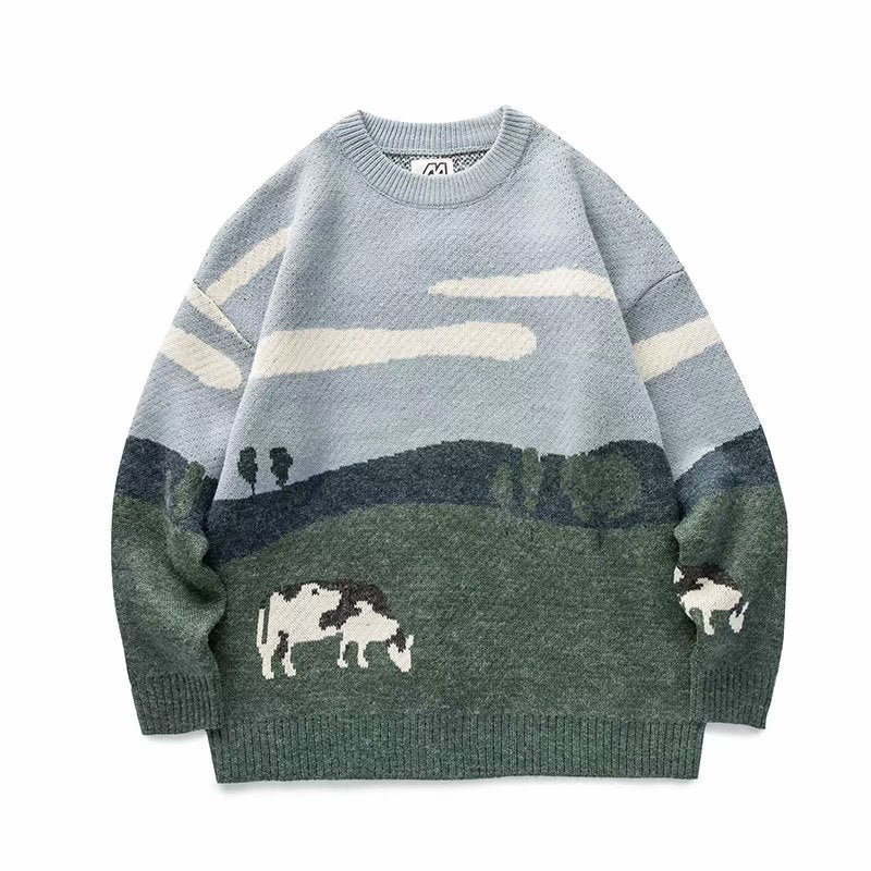 Unisex Vintage Crew Neck Knit Sweater with Relaxed Fit