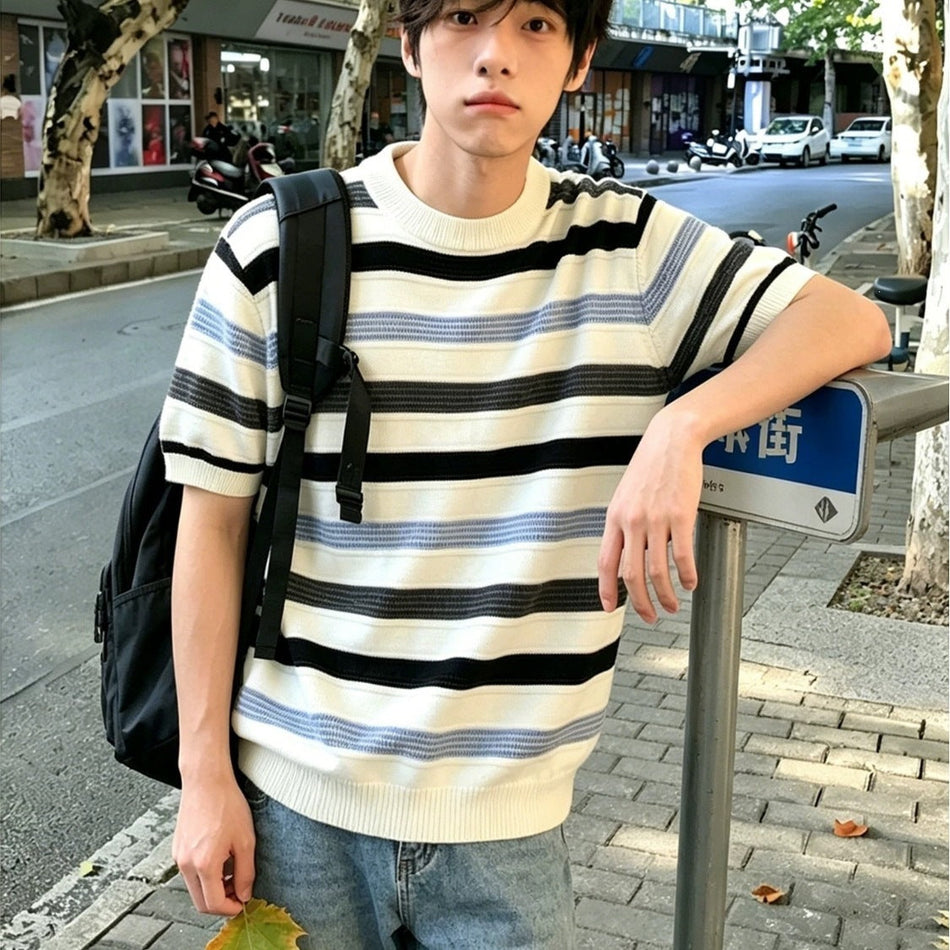 Men's Striped Knit Crew Neck T-Shirt with Heavyweight Fit