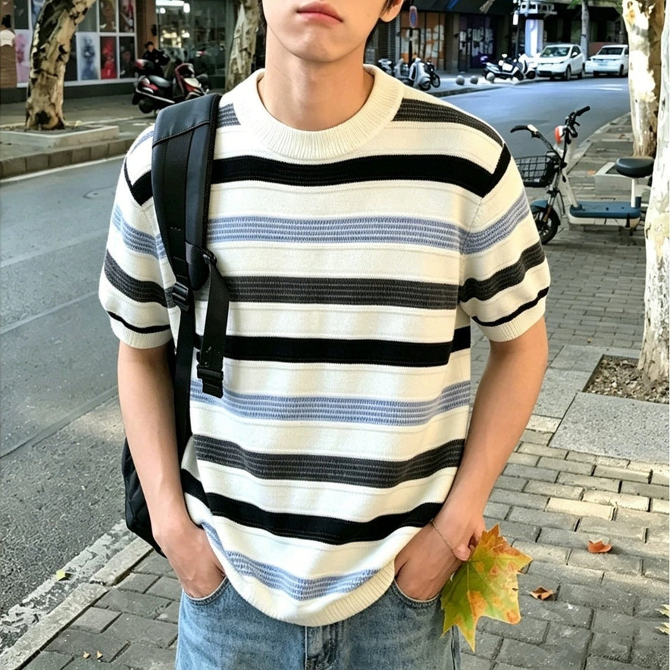 Men's Striped Knit Crew Neck T-Shirt with Heavyweight Fit