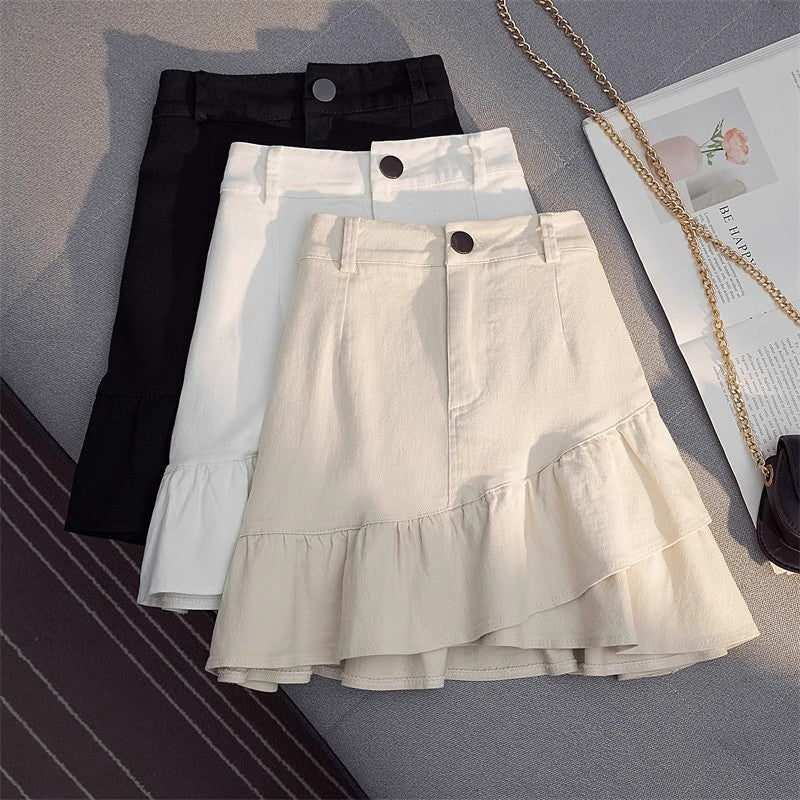 Women's High-Waisted Irregular Ruffle Denim A-Line Mini Skirt